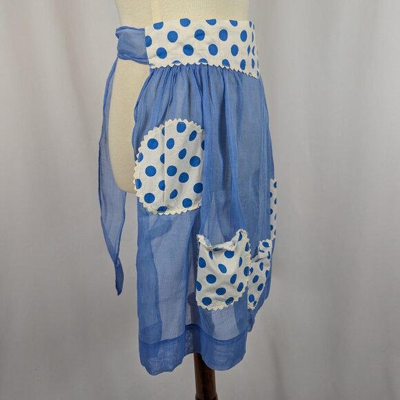 Gingham Girl Vintage Semi Sheer Tie Back Half Apron Pocket Polka Dot Blue 1970s - Picture 2 of 8